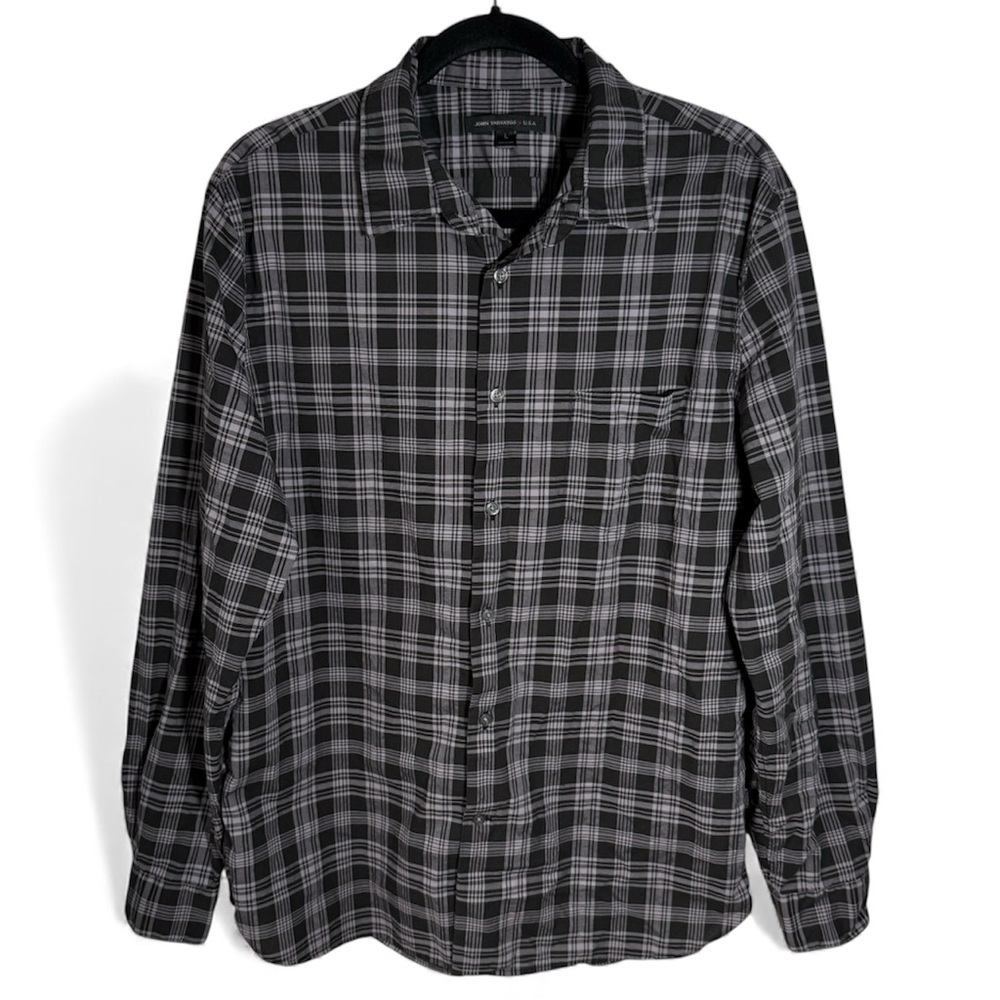 John Varvatos USA Mens Button Up Shirt Gray Black Plaid Long Sleeve Cotton Large